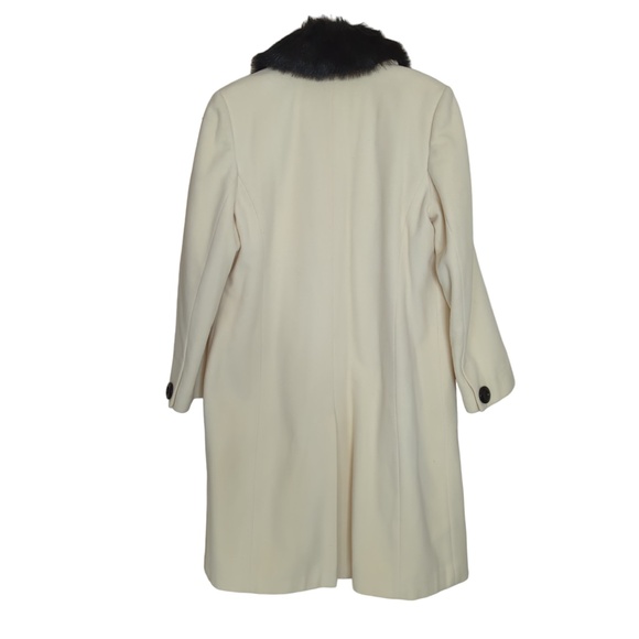 Cashmere Wool Blend Off-White Black Faux Fur Collar Long Coat - Picture 9 of 16